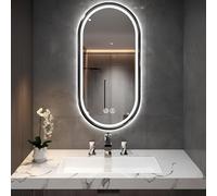 Espejo de baño ovalado con luz LED, 3 colores, regulable sin niveles, espejo de tocador iluminado con marco de metal, espejo de afeitar antivaho de pared (negro, 50 x 80 cm/19,7 x 31,5 pulga