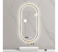 Espejo de baño ovalado LED con sensor táctil inteligente, antivaho, espejo de tocador con iluminación de 3 colores, marco de metal, función de memoria, IP44, impermeable, acabado dorado (50 cm x 80 cm