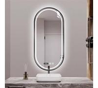 Espejo de baño ovalado LED con sensor táctil inteligente, antivaho, marco de metal de 3 colores, visualización de la hora, clasificación IP44, 40 x 80 cm, acabado negro