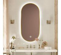 Espejo de baño ovalado LED de 50 x 80 cm, retroiluminado regulable, antivaho, interruptor táctil inteligente, marco de aluminio, iluminación tricolor (acabado dorado), espejo de pared moderno para