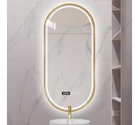 Espejo de baño ovalado LED regulable, antivaho, espejo decorativo con marco de metal, visualización de la hora de luz de 3 colores, IP44 HD, a prueba de explosiones, acabado dorado (40 cm x 80 cm)