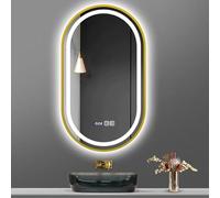 Espejo de baño ovalado moderno de 130 cm iluminado con interruptor táctil, espejo de pared antivaho con marco dorado de 3 temperaturas de color, 48 x 28 pulgadas