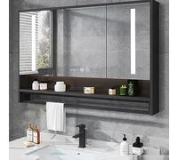 Espejo de baño rectangular iluminado 90 x 80 cm, antivaho, diseño de 3 puertas con interruptor táctil, elegante solución de almacenamiento para baños modernos (color: A)