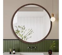 Espejo de baño redondo con marco de madera, espejo de tocador grande de pared, espejo de maquillaje de cristal HD para baño, sala de estar, pasillo, dormitorio, decoración rústica vintage pa