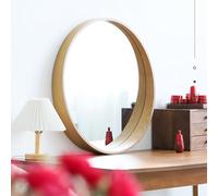 Espejo de baño redondo creativo, espejo maestro de madera montado en la pared de 50 cm, color madera original, espejo circular grande para decoración del hogar e interiores elegantes
