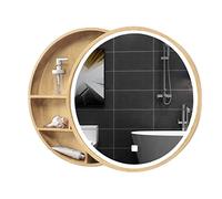 Espejo de baño redondo de madera maciza con iluminación LED y armario de almacenamiento, 70 cm, diseño funcional y elegante que ahorra espacio