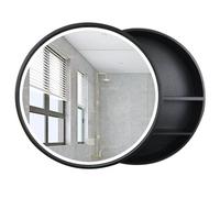 Espejo de baño redondo de madera maciza montado en la pared con tira de luz LED, 50 cm, color negro, elegante espejo para baños modernos, diseño que ahorra espacio