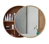 Espejo de baño redondo dorado para montar en la pared con estante de almacenamiento de madera maciza, 50 cm, diseño push-pull para maquillaje, decoración elegante y funcional para cualquier espacio