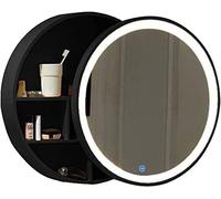 Espejo de baño redondo LED, almacenamiento montado en la pared, espejo de tocador de madera maciza antivaho, madera negra de 70 cm con iluminación, elegante accesorio de maquillaje para el hogar