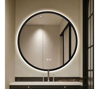 Espejo de baño Redondo LED con Luces y Marco de Madera, Espejo de Pared Decorativo Moderno para Maquillaje, antivaho, 3 Colores Regulables sin escalonamientos, para Dormitorio y Sala de Esta