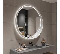 Espejo de baño redondo LED inteligente, antivaho, 60 cm, espejo de maquillaje regulable con 3 ajustes de color, diseño circular de borde de madera, reflejo HD para una decoración elegante