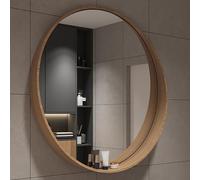 Espejo de baño redondo vintage con marco de madera maciza, estante de 7 cm, HD/a prueba de explosiones, espejo de maquillaje de pared/espejo decorativo para sala de estar/dormitorio/entrada