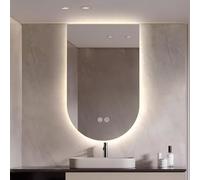 Espejo de baño retroiluminado LED de 48 x 28 pulgadas, diseño curvado, espejo de maquillaje iluminado, control táctil, 3 colores, regulable, antivaho, montado en la pared, solución moderna de tocador