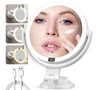 Espejo de Maquillaje con Luces, Espejo de Pared con Aumento 20× Iluminado, Espejo de Tocador de Doble Cara con 3 Colores de Luz y Ajuste de Brillo, Rotación de 360°, Espejo de Viaje Recargable