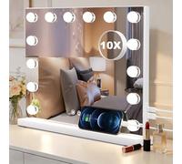 Espejo de Maquillaje con Luz Hollywood 50x42 cm, Espejo Tocador con 14 Bombillas LED Regulables, 3 Modos de Color, Puerto de Carga USB, Control Táctil y Espejo de Aumento 10X, Sobremesa o Pared, Blanc