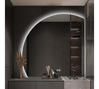 Espejo de maquillaje de baño iluminado sin marco con luces LED, Smart Touch, antivaho, diseño semicircular grande, iluminación de 3 colores, 80 x 80 cm