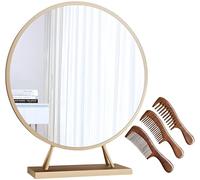 Espejo de Maquillaje, Espejo de Tocador Redondo con Marco de Metal de Sobremesa, Espejo de Afeitar para BañO O Dormitorio con Base de Soporte(Gold-30cm/11.8in)