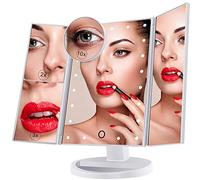 Espejo de Maquillaje Iluminado, 21 Luces LED Espejo Cosmético de Tocador, Pantalla Táctil de Aumento Tri-Fold 2X 3X 10X de Aumento, Rotación Libre de 180 °, Fuente de Alimentación Dual Blanco