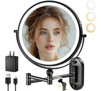 Espejo de maquillaje iluminado montado en la pared de 9 pulgadas, recargable de 4000 mAh, espejo de aumento de doble cara 1X/10X con luz, 3 luces de color, regulable al tacto, brazo extendido