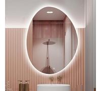 Espejo de Maquillaje Irregular sin Marco con luz LED, Espejo de baño retroiluminado, Tricolor atenuable, Forma de lágrima asimétrica decoración del hogar, botón táctil (50 * 70 cm)