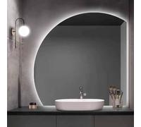 Espejo de maquillaje LED ajustable con 3 luces de color, 32 x 32 pulgadas, antivaho, irrompible, montaje en pared, diseño de medio círculo para baño, sin marco, opción de 40 x 40 pulgadas disponible
