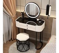Espejo de maquillaje LED con 3 modos de iluminación, 2 cajones grandes, parte superior de vidrio templado, perfecto para dormitorio u oficina en casa (color: blanco, tamaño: 60 cm)