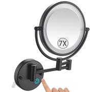 Espejo de maquillaje LED giratorio de 360°, aumento 7X, atenuación táctil, espejo de tocador negro plegable, iluminación de doble cara cableada para un reflejo perfecto
