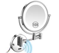 Espejo de maquillaje LED montado en la pared con interruptor de sensor, giratorio de 360°, doble cara, acabado cromado, espejo de baño plegable, perfecto para una aplicación de maquillaje impecable