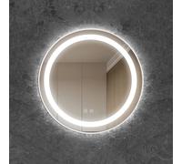 Espejo de maquillaje redondo inteligente montado en la pared con película antivaho, 3 colores, regulable, retroiluminado, diseño inastillable, para baño, tocador, marco de aluminio para uso doméstico
