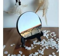 Espejo de obsidiana negra de 18 cm con cristales de piedra, placa redonda, espejo de brujería, decoración del hogar con estante.
