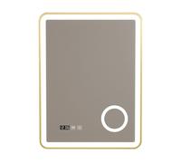 pro.tec Espejo de Pared con LED con Lupa 3X Reloj e Indicador de Temperatura Antivaho Interruptor Táctil 3 Opciones de Temperatura de Color Aluminio 80 x 60 x 4 cm - Dorado