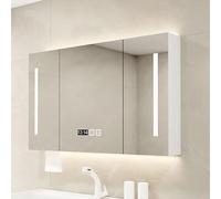 Espejo de pared LED para baño con función antivaho, espejo cosmético moderno con estante de almacenamiento para reloj y toallero, diseño delgado para soluciones de ahorro de espacio