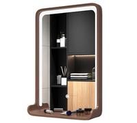 Espejo de pared LED para baño con marco de madera retroiluminado, espejo de maquillaje cuadrado con estante, 50 cm x 70 cm, acabado de nogal, espejo de tocador de diseño moderno con iluminación