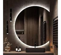 Espejo de pared LED regulable para baño con control táctil antivaho, diseño de media luna, espejo de maquillaje retroiluminado inteligente, 3 colores, Ø70/80/90/100 cm, decoración moderna