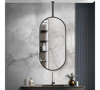 Espejo de pared ovalado con marco de metal negro - Espejo decorativo colgante para maquillaje y baño - Elegante espejo de cristal de 50 cm x 60 cm con barra para decoración del hogar