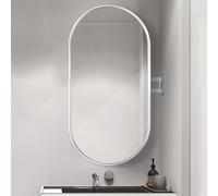 Espejo de pared ovalado de esquina con brazo articulado, marco de metal inastillable, diseño versátil para colgar en espacios modernos, orientación vertical y horizontal, elegante acabado blanco