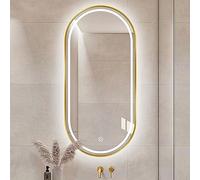 Espejo de pared ovalado LED con sensor táctil inteligente, regulable, espejo de tocador de baño, marco de metal a prueba de explosiones, reflejo HD, IP44, impermeable, 50 x 70 cm, acabado dorado
