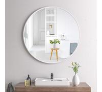 Espejo de pared redondo con marco de aluminio, espejo decorativo de 80 cm para baño, dormitorio, sala de estar, entrada, acabado blanco plateado, elegante decoración del hogar