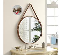 Espejo de pared redondo de cuero, espejo de maquillaje decorativo para colgar con cinturón ajustable, reflejo HD para baño, sala de estar, dormitorio, con elegantes ganchos