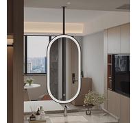 Espejo de techo iluminado con barra para colgar, espejo de baño ovalado con marco de metal, espejo de tocador suspendido para afeitarse y maquillarse, espejo de pared flotante, negro, dorado y blanco