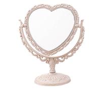 Espejo de tocador con forma de corazón giratorio 360° desmontable de doble cara herramienta de maquillaje vintage con base estable para dormitorio color beige.