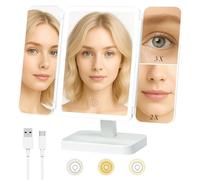 Espejo de tocador con luces, 1X/2X/3X, espejo de aumento de mesa de triple pliegue, plegable, recargable, espejos de maquillaje de viaje, espejos de tocador portátiles con luz LED, iluminación de 3