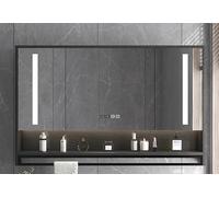 Espejo de tocador de baño montado en la pared con LED, botiquín inteligente, desempañador, espejo de maquillaje con atenuación continua, visualización de tiempo, organizador de almacenamiento para