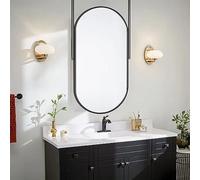 Espejo de tocador grande para maquillaje con brazo montado en el techo, espejo de pared ovalado, espejo colgante de techo, espejo flotante de vidrio para baño para decoración temática moderna, negro (