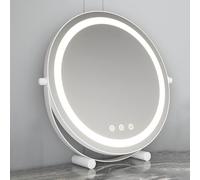 Espejo de tocador iluminado de 40 cm con 3 ajustes de luz LED, espejo redondo para tocador con base para maquillaje, belleza y aseo, brillo ajustable, perfecto para el hogar y viajes