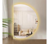 Espejo de tocador LED irregular de 35"x24" con retroiluminación de luz de 3 colores, espejo de baño semicircular inteligente antivaho regulable de 51"x35", montaje vertical (corte derecho, 100x70