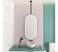Espejo de tocador LED suspendido del techo, espejo de baño ovalado con iluminación ajustable y barra de metal negro para colgar, ideal para baños, hoteles y salones de belleza (negro, 50 x 80 cm).