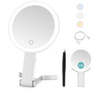 Espejo de Viaje con luz,Espejo de Maquillaje de Doble Cara con Aumento 20x/1x,Iluminación de 3 Colores Recargable,Plegable,de Mano/colgable/sobremesa,Espejo de 3 usos,Blanco