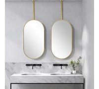 Espejo Flotante Moderno, Espejo Ovalado para Techo, Ideal para baños. Espejo Decorativo Sencillo con Marco de Metal Dorado y Varillas para Colgar. El Poste se Puede Personalizar. Fácil Monta