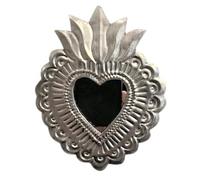 Espejo genérico ex voto mexicano de metal plateado, corazón sagrado, 10 x 14 cm, decoración de pared corazón con llama. Sistema de enganche previsto en la parte posterior.